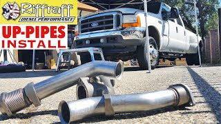 2001 F350 73  RiffRaff UpPipes Install  Stock up pipes leaking and falling apart JUNK SP [upl. by Salokin]